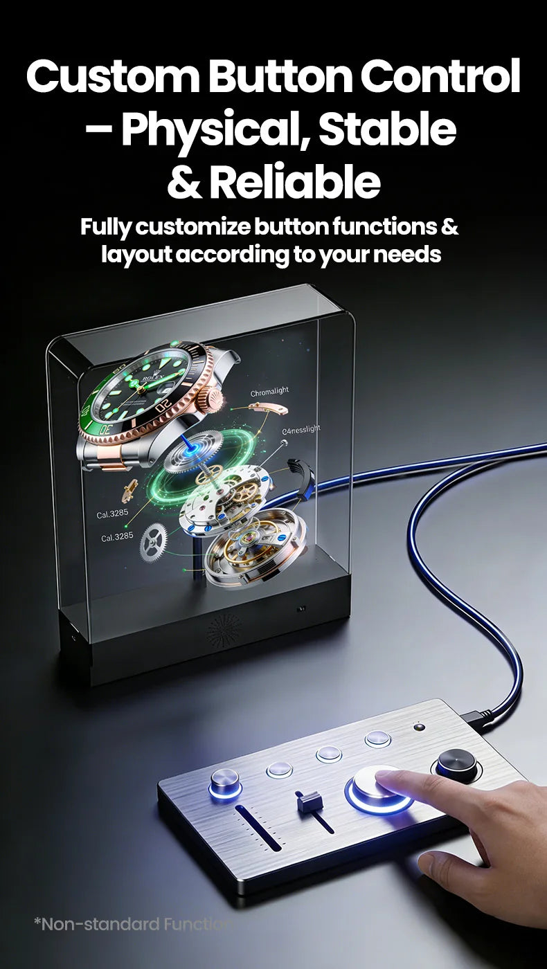 Supplier desktop family button-control demonstration; accessory inclusion varies