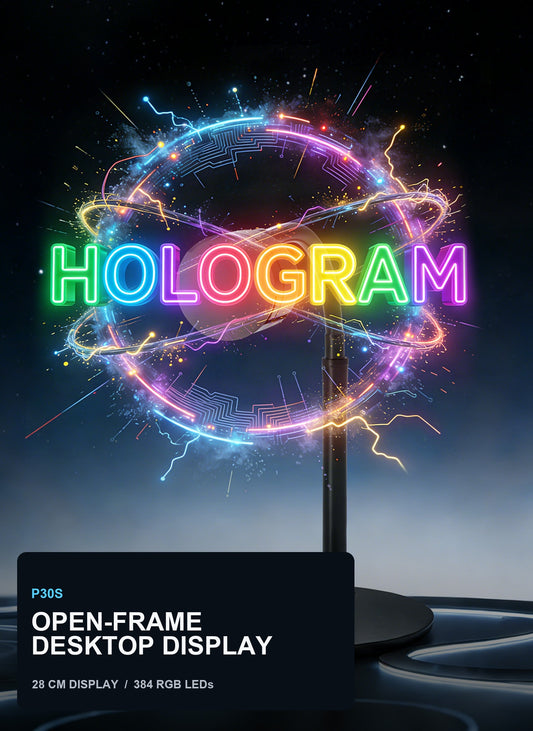 P30S open-frame desktop holographic display showing colorful floating content